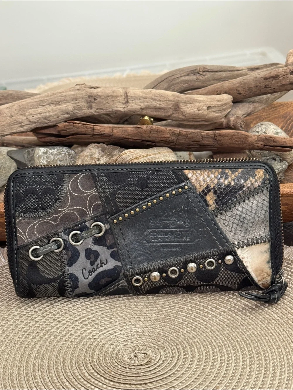 Coach Patchwork Zip Wallet in Black and Taupe Accents